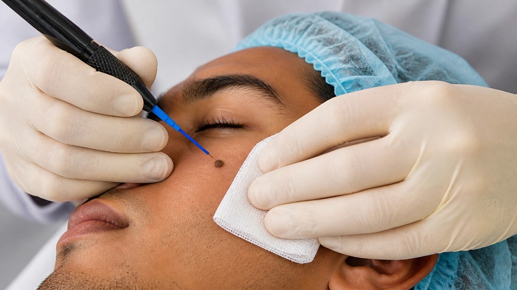 Close-up of a dermatologic procedure treating a small raised lesion on the cheek with a precision instrument, with sterile gauze held nearby.